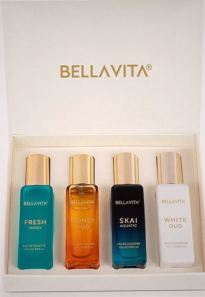 BellaVita Unisex Cologne Gift Set 4x20ml Fragrances Includes Honey OUD, SKAI, FR